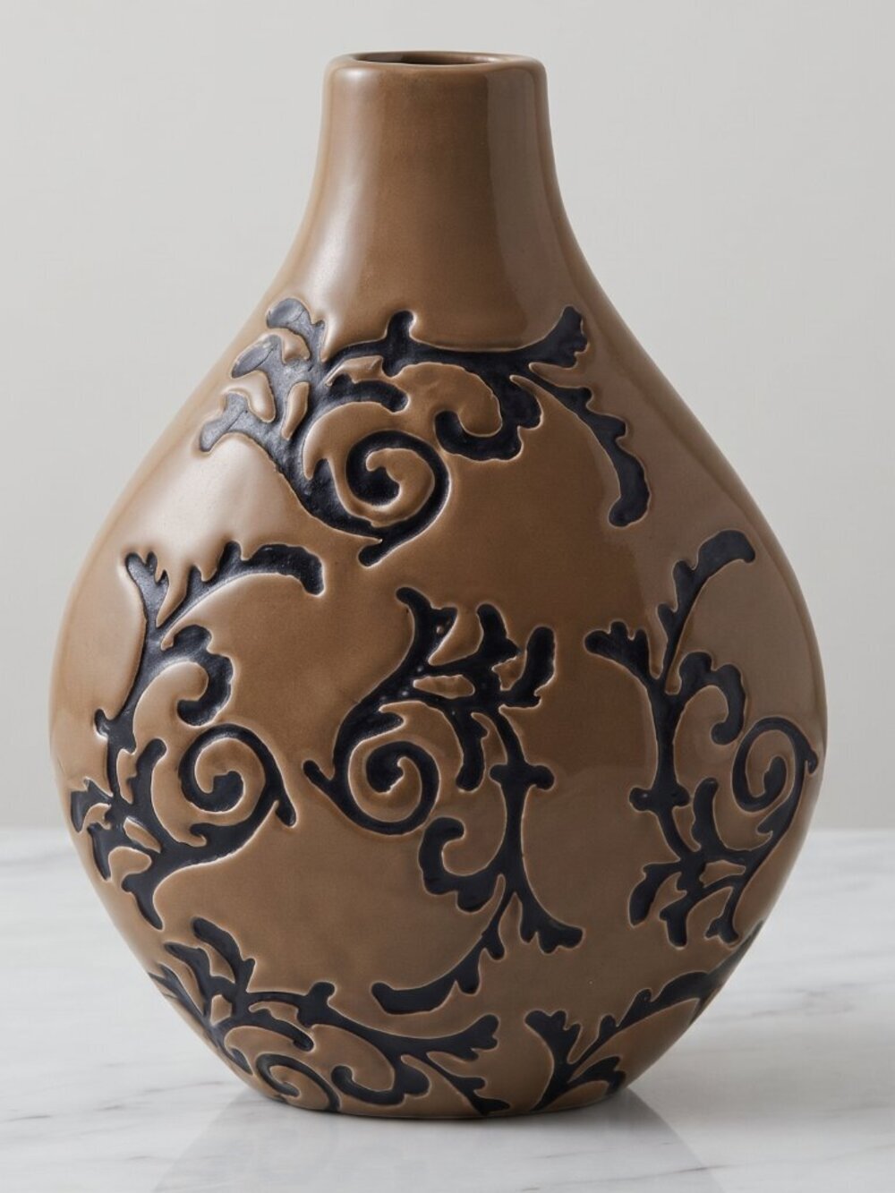Large Contemporary Brown Ceramic Floor Vase Black Scroll Design 10" Modern Decor